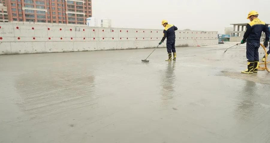 Crew spray-applying grey waterproofing coating on a wide concrete slab