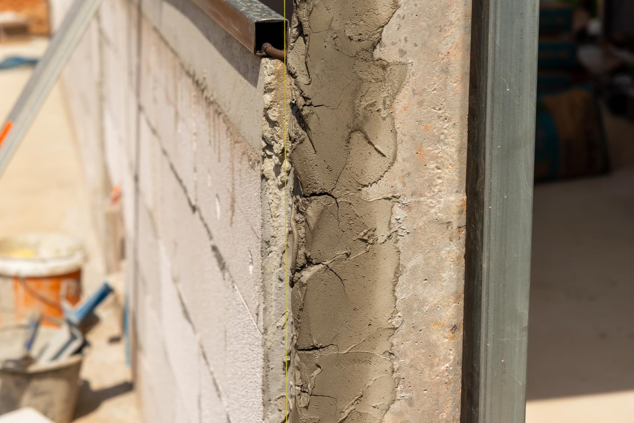 Fresh cement and corner finishing on a block wall