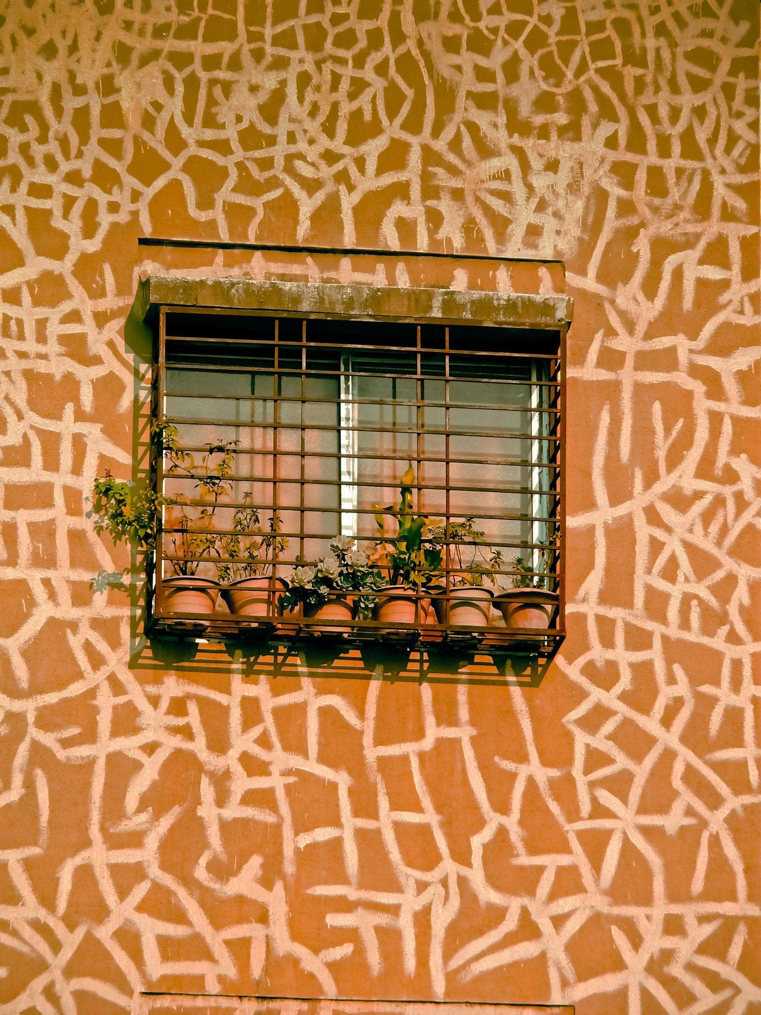 Decorative exterior wall coating with window grille detail